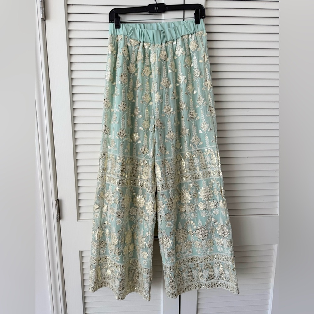 Coco Bombay Sequin Embroidered Resort Pants Mint Wide Leg - Medium - Picture 3 of 7